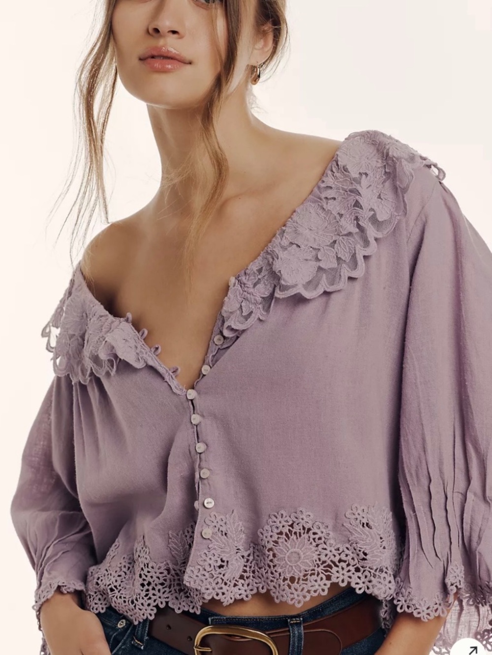 By Anthropologie $128 Lavender Linen Blend Lace-Collar Blouse Size M